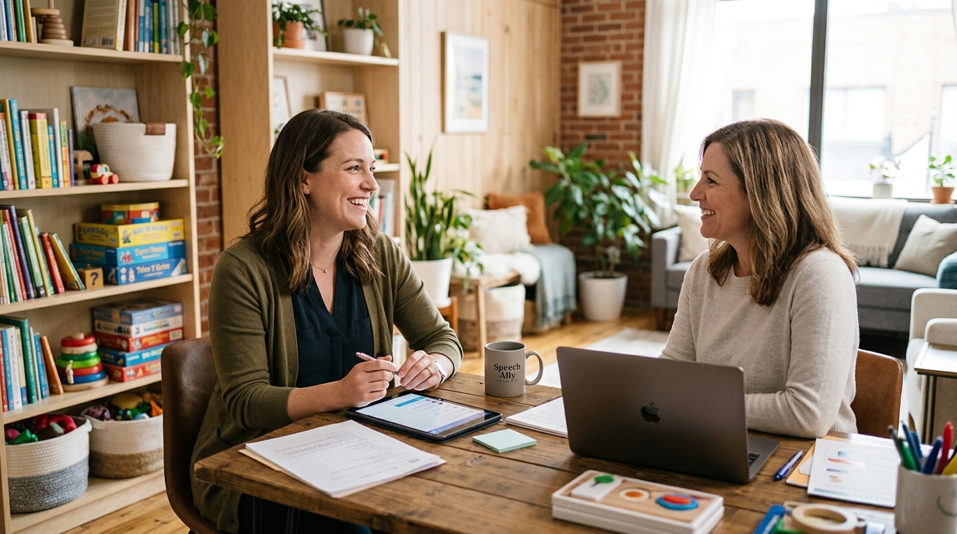 The Speech Ally workspace showing an AI-drafted session report alongside a therapist's edits